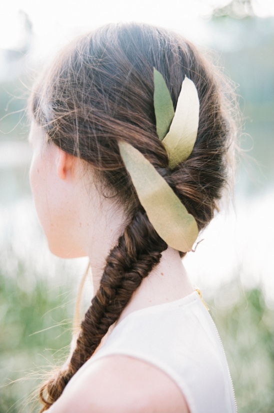 fishtail braid with gold eucalyptus leaves