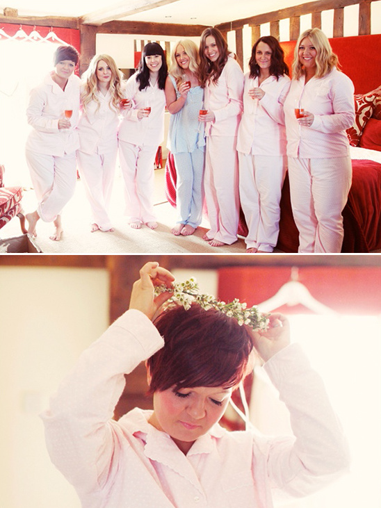 bridesmaids pajamas and floral crowns