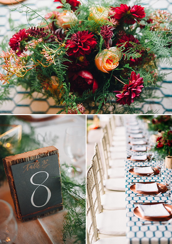 fall inspired centerpiece and wood plank table number