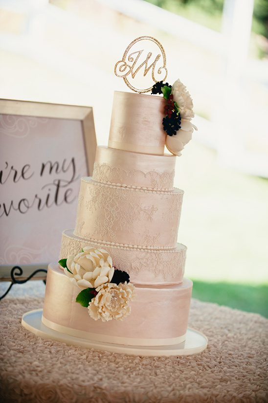 shimmering wedding cake with lace overlay @weddingchicks