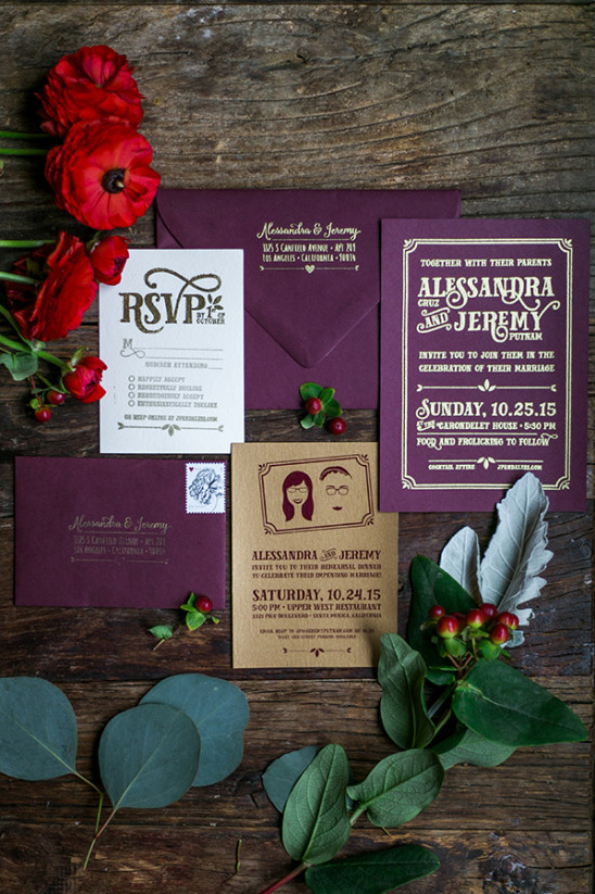 purple and gold wedding invitations @weddingchicks