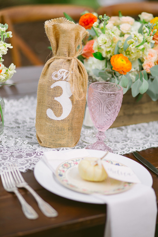 burlap covered bottle table number