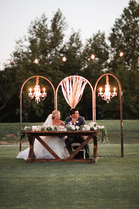 Sweetheart table decor idea with chandeliers