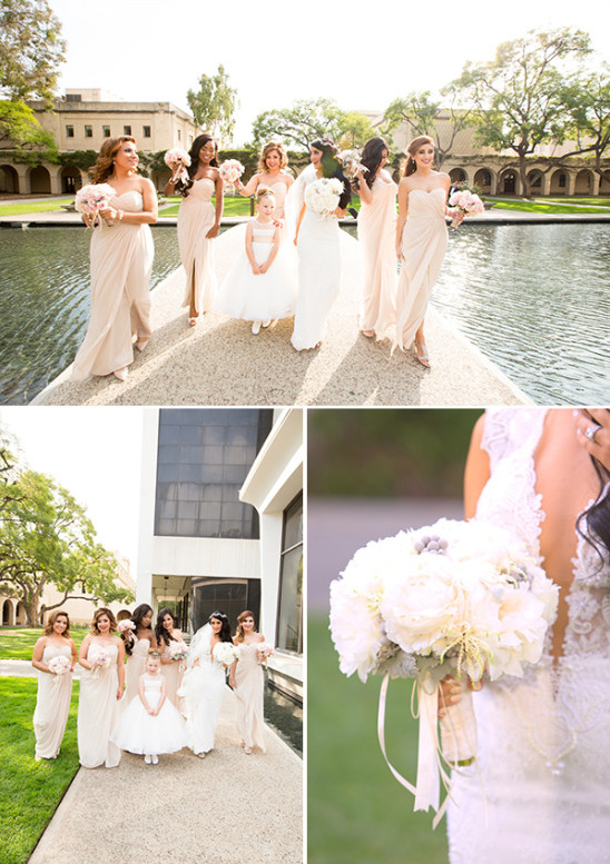 Bridesmaids in long blush dresses