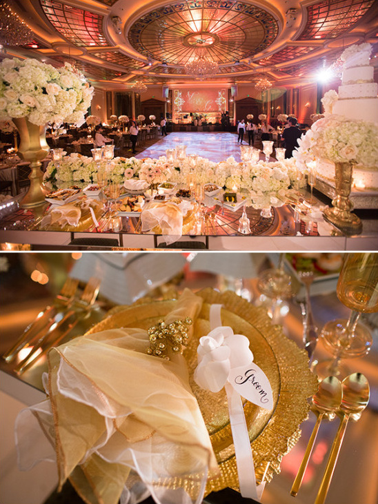 Glam sweetheart table details in blush and gold