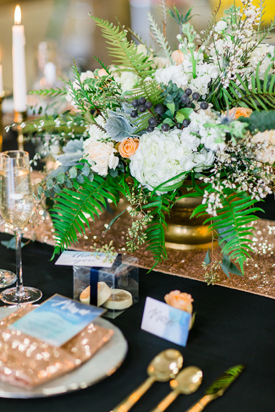 gold blue white and grey organic centerpiece