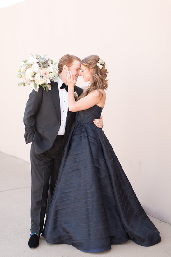 formal wedding couple in black white and navy