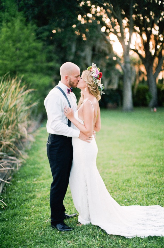 wedding kiss at sunset