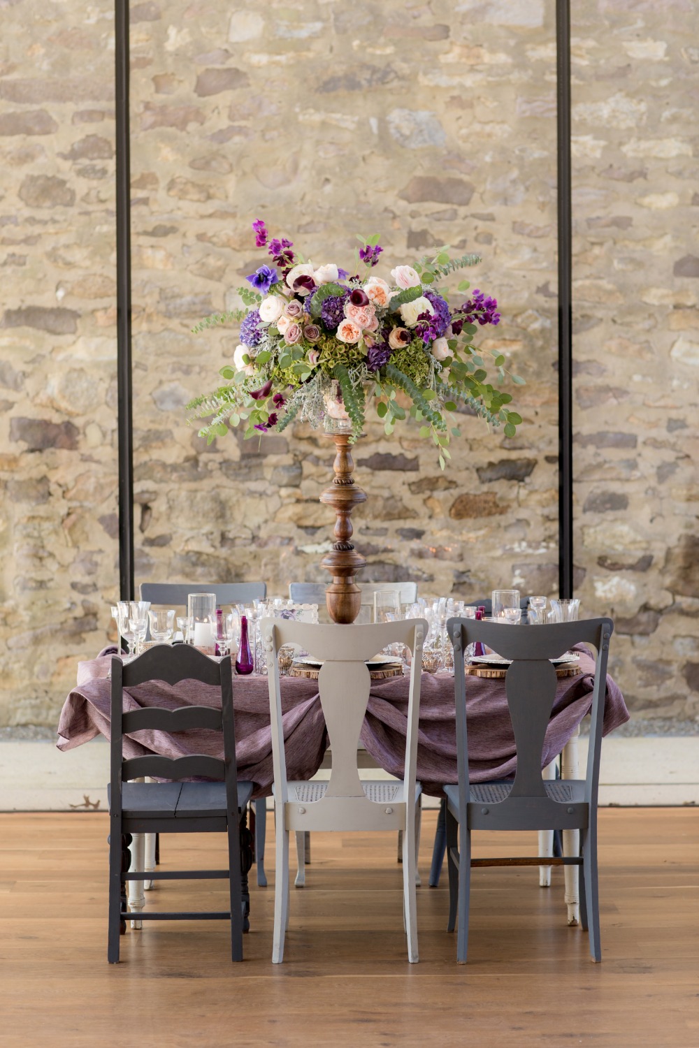 Purple and creme table decor