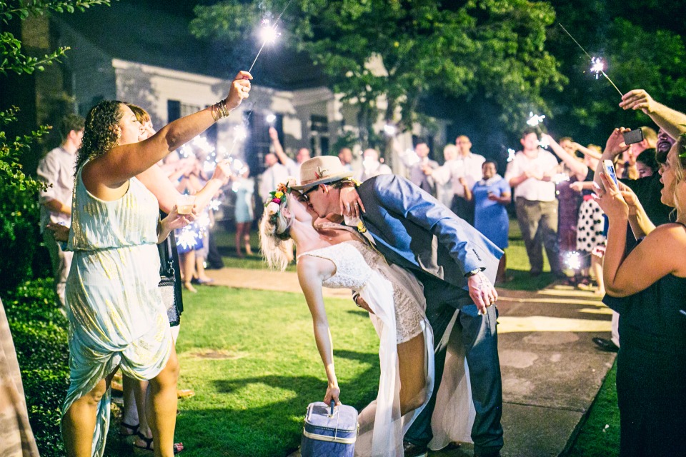 dramatic wedding kiss