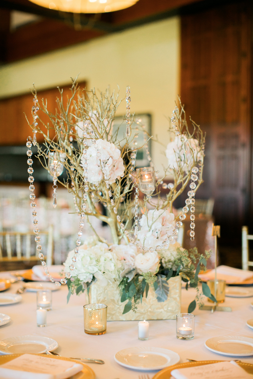 crystal and hydrangea branch centerpiece