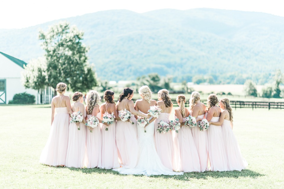 Bridesmaids in blush gowns