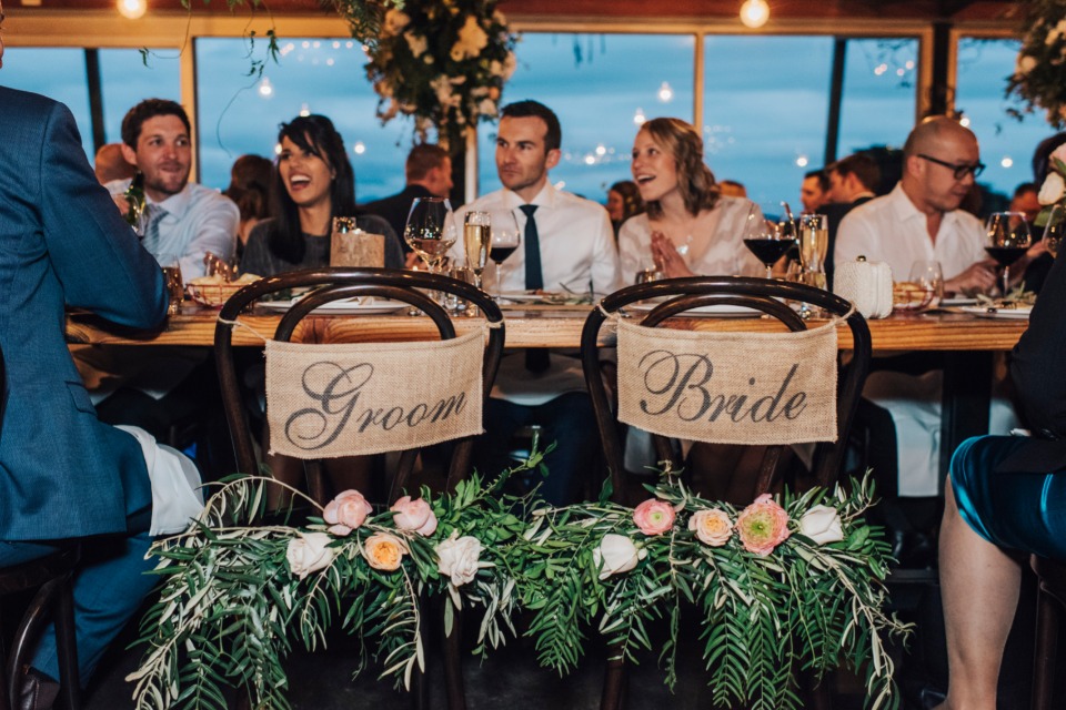 Bride and groom burlap chair signs