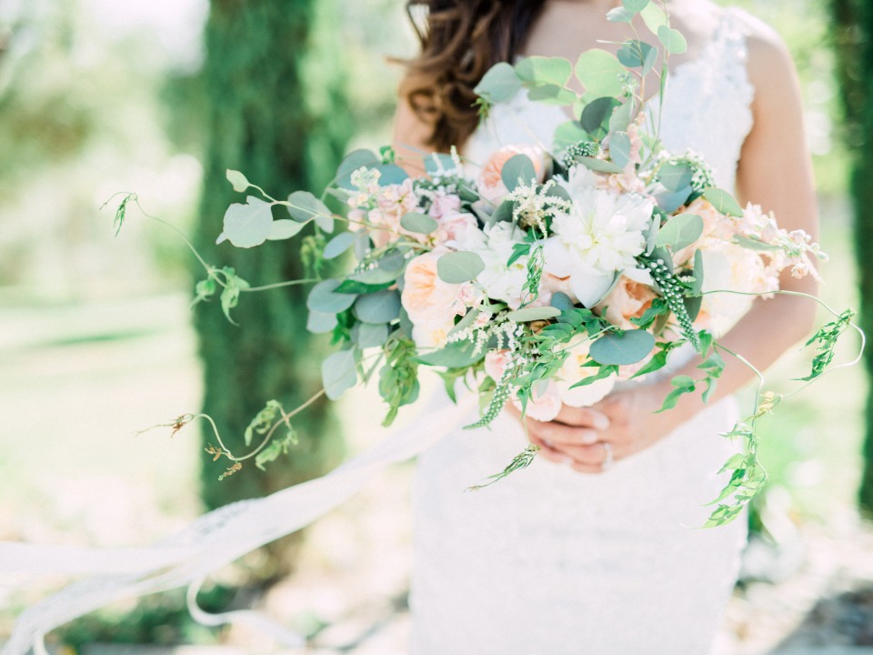 soft peach white and pink wedding bouquet