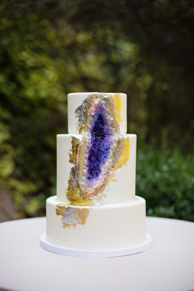 purple and gold geode wedding cake