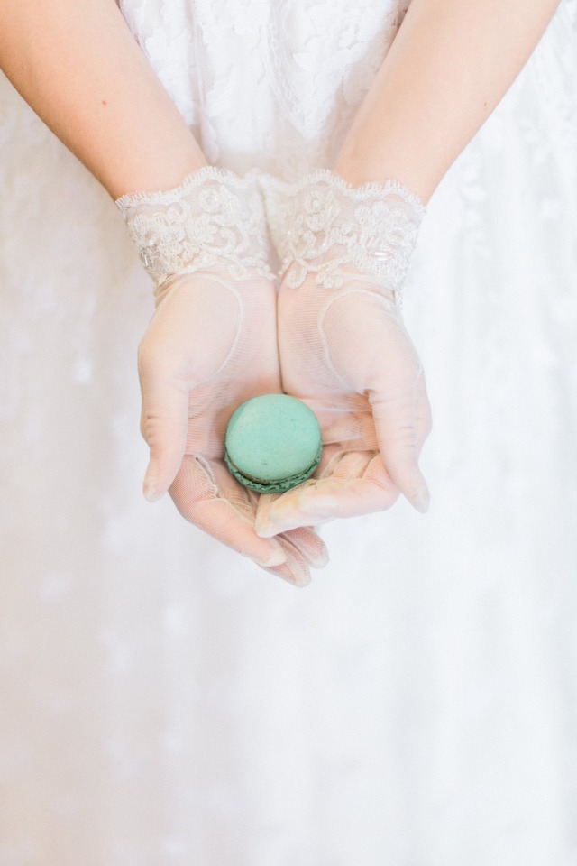 lace bridal gloves and macaron