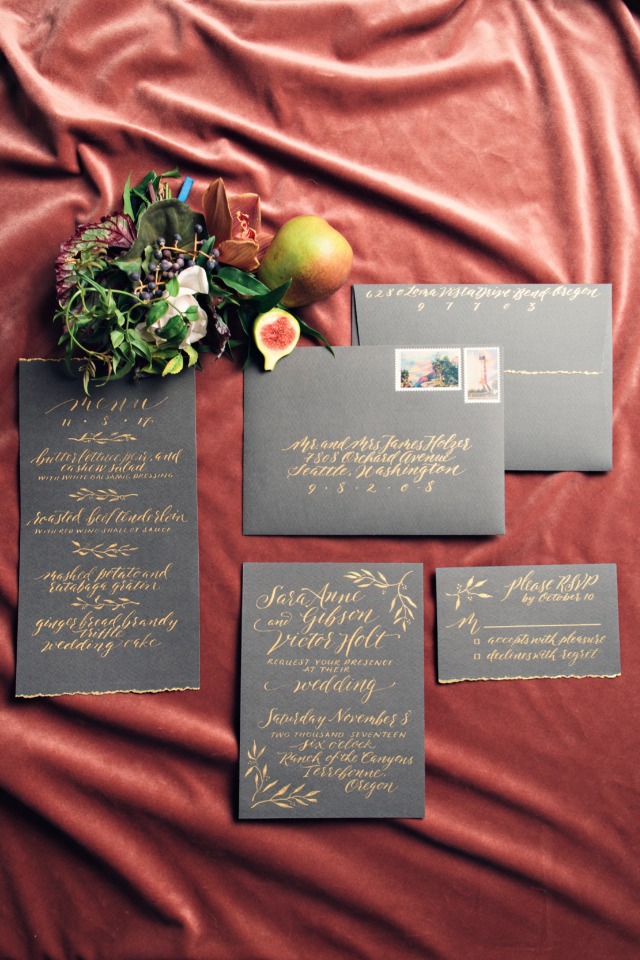 Gold calligraphy invitation suite