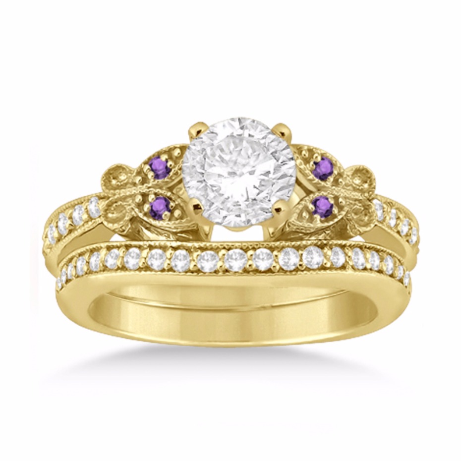 Butterfly Diamond & Amethyst Bridal Set 14k Yellow Gold