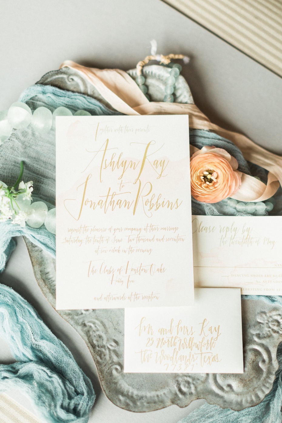 gold calligraphy wedding invitations