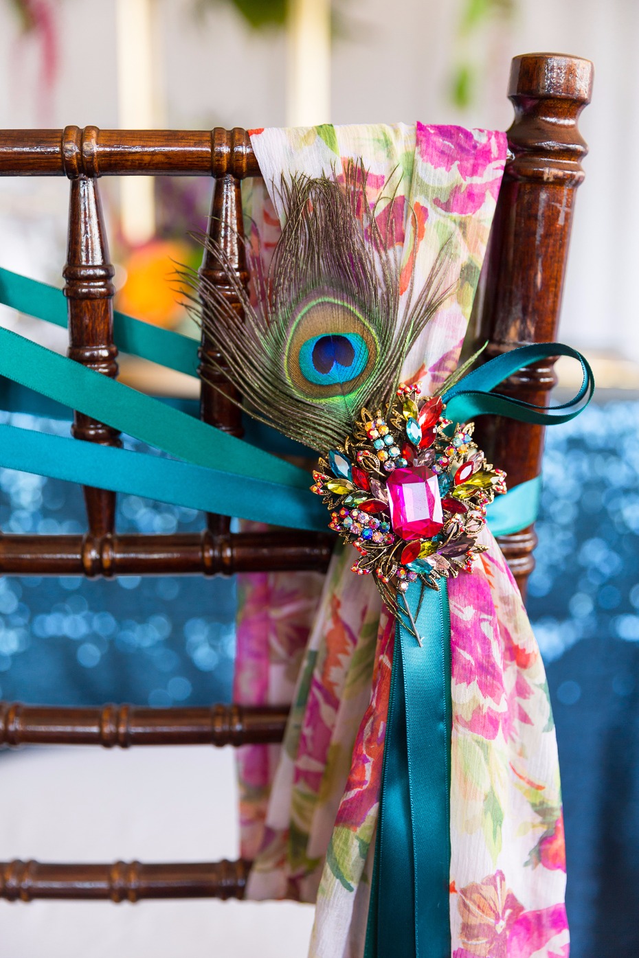 Peacock jewel toned chair decor