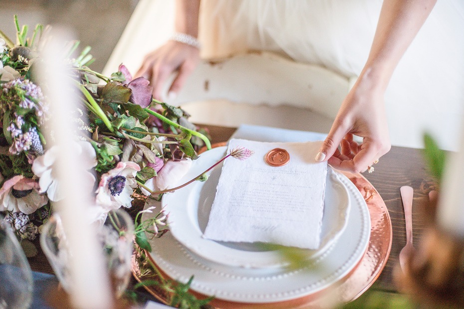 copper and white place setting