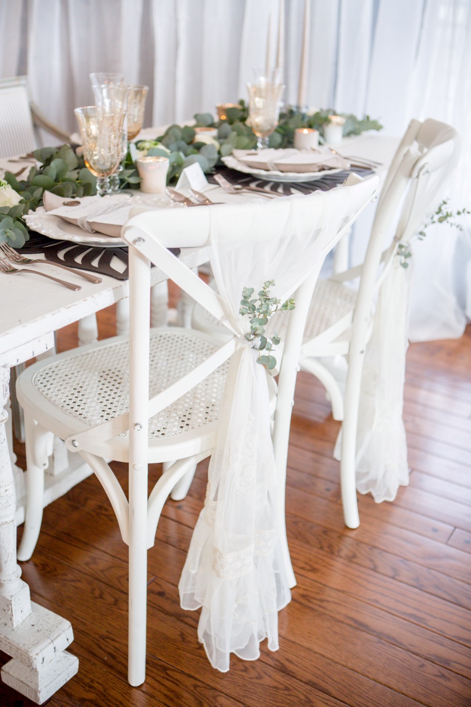 Fabric chair back with greenery