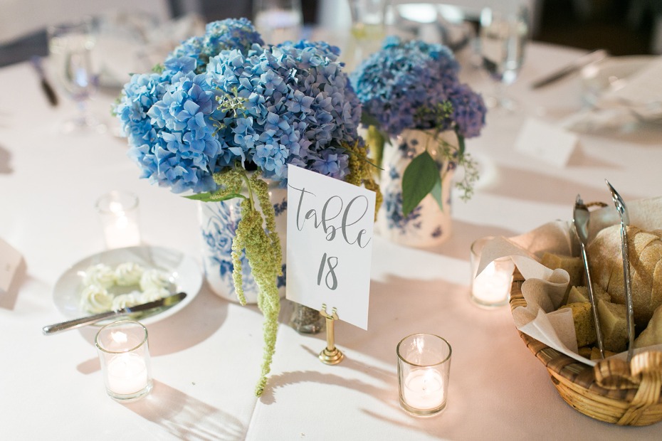 Simple centerpiece with blue hydrangeas