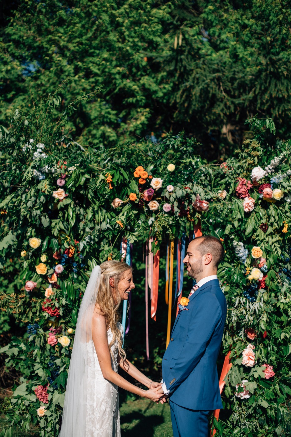 Flower arch with hanging ribbons