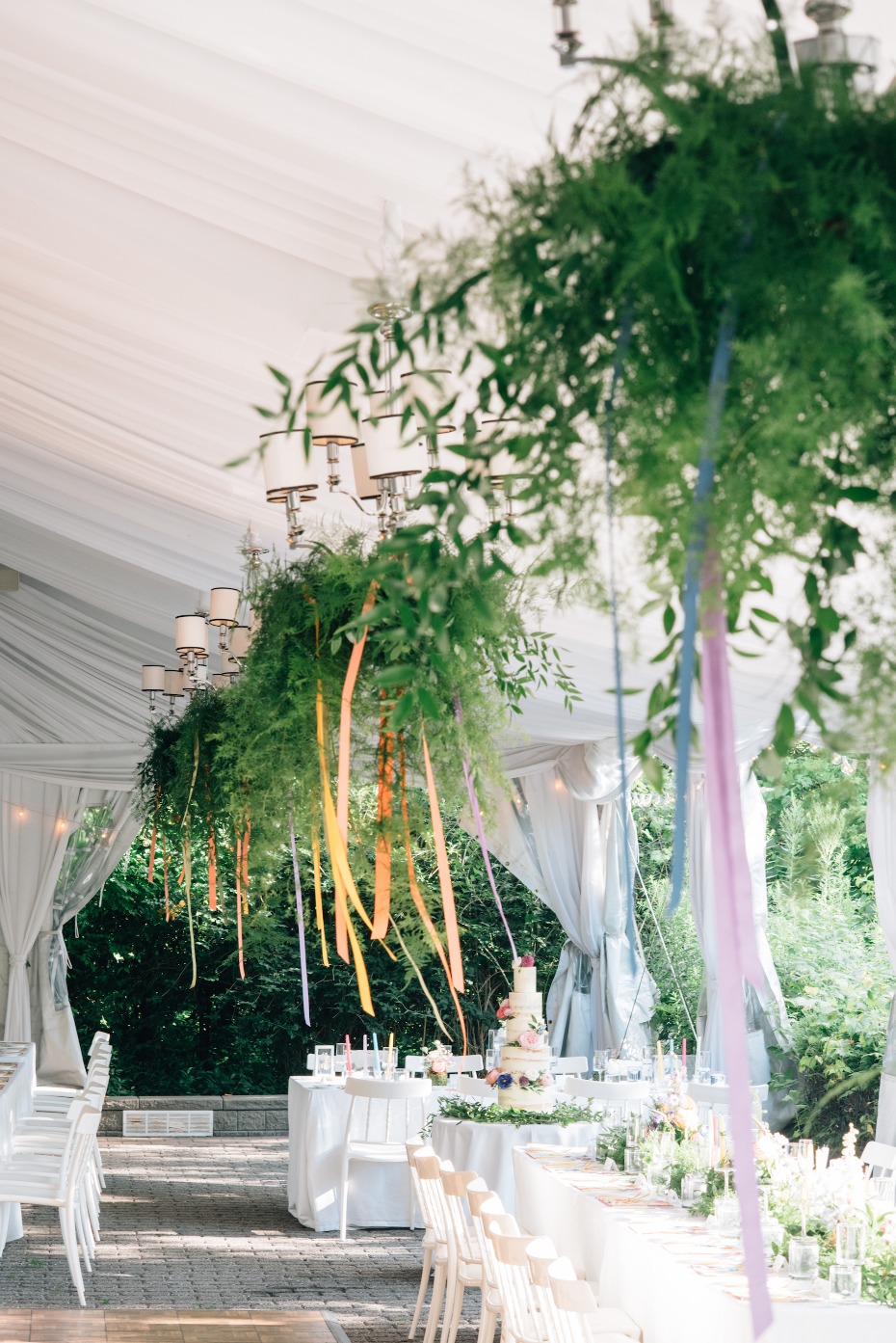 Hanging greenery and ribbon decor