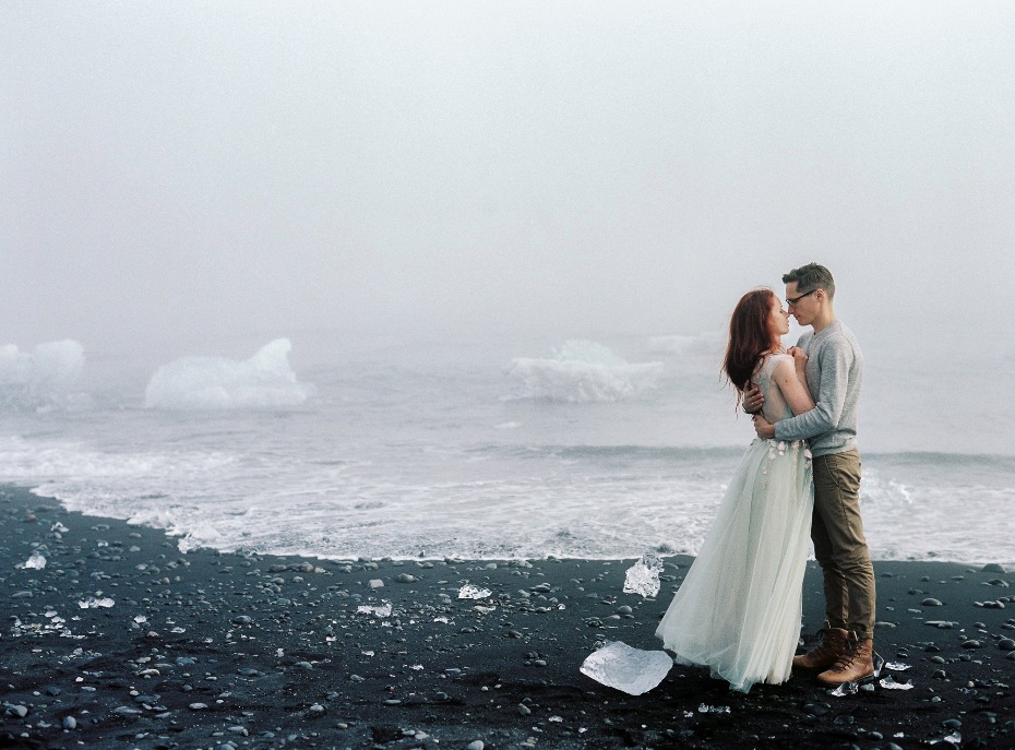 getting cozy at a foggy Blue Lagoon in Iceland