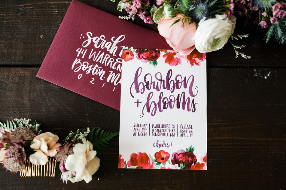 Bourbon and blooms themed bridal shower invite