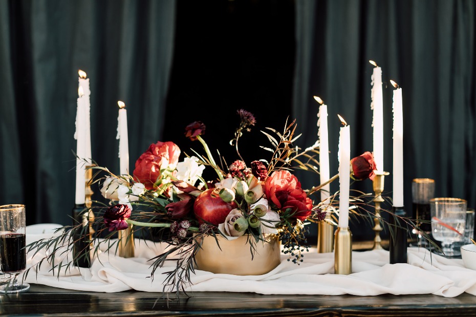 Burgundy and gold centerpiece