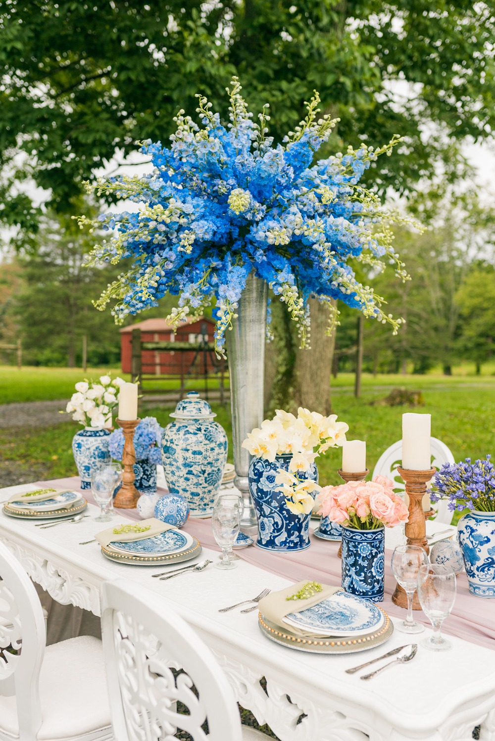 blue and white wedding reception