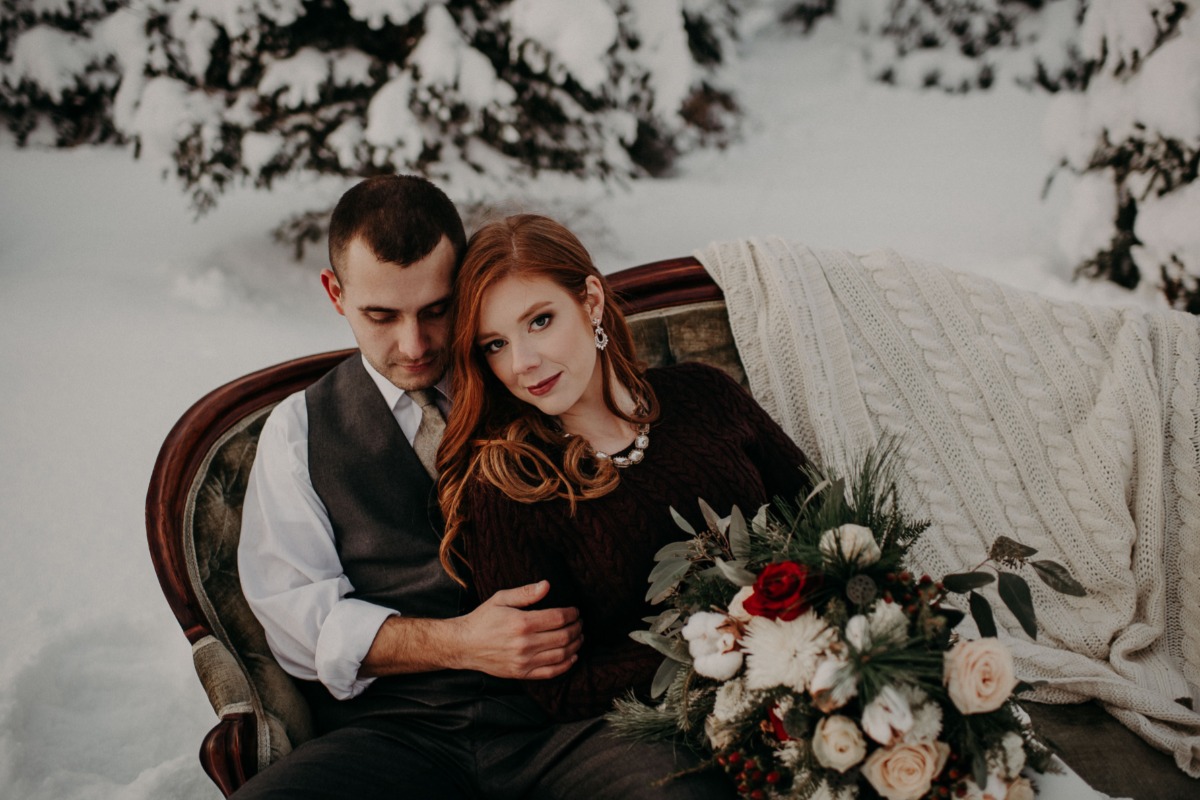 cozy winter wedding couple