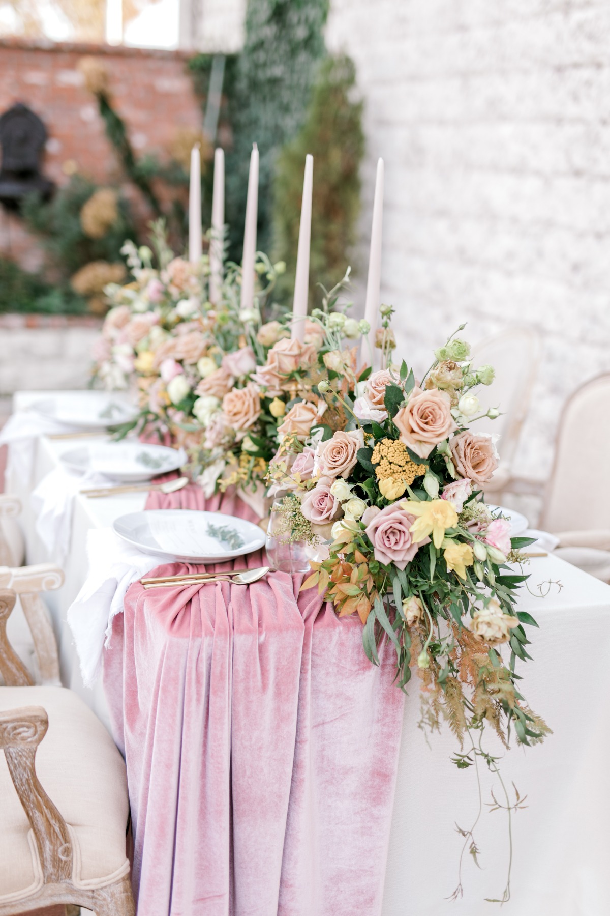 blush velvet runner and soft fall themed table centerpiece