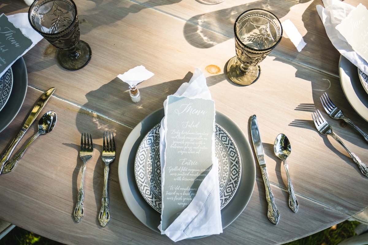 grey on grey wedding place setting