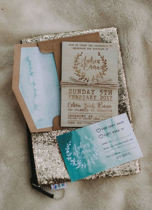 watercolor and wooden wedding invitations