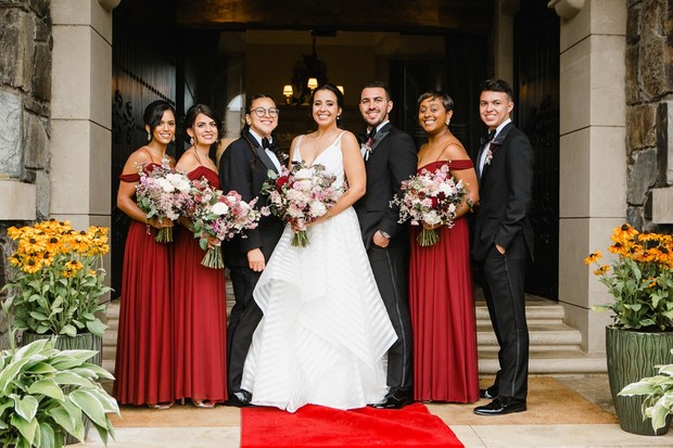 bridesmaids in red