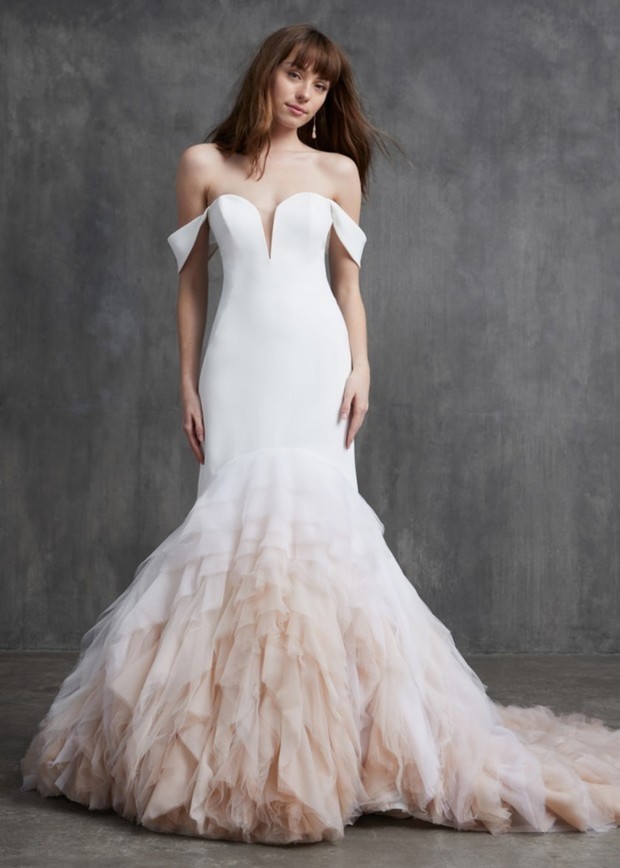 Joan, mermaid off shoulder blush ombre wedding dress, Kelly Faetenini