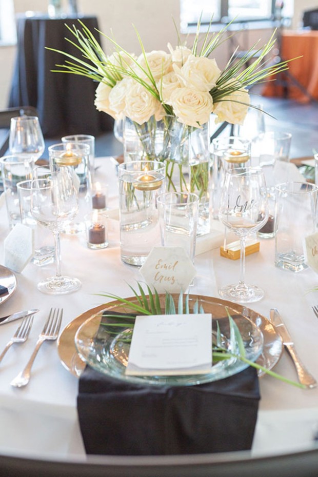 white and gold wedding place setting