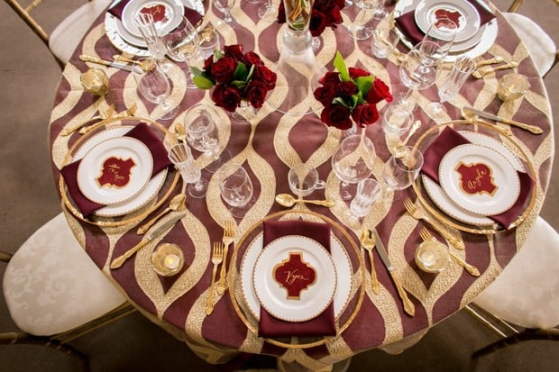 gold and burgundy wedding table decor