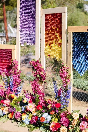 modern rainbow themed wedding backdrop