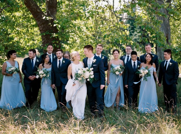 wedding party in navy and sky blue