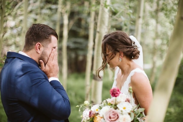 Groom seeing Bride for the first time in her wedding dress