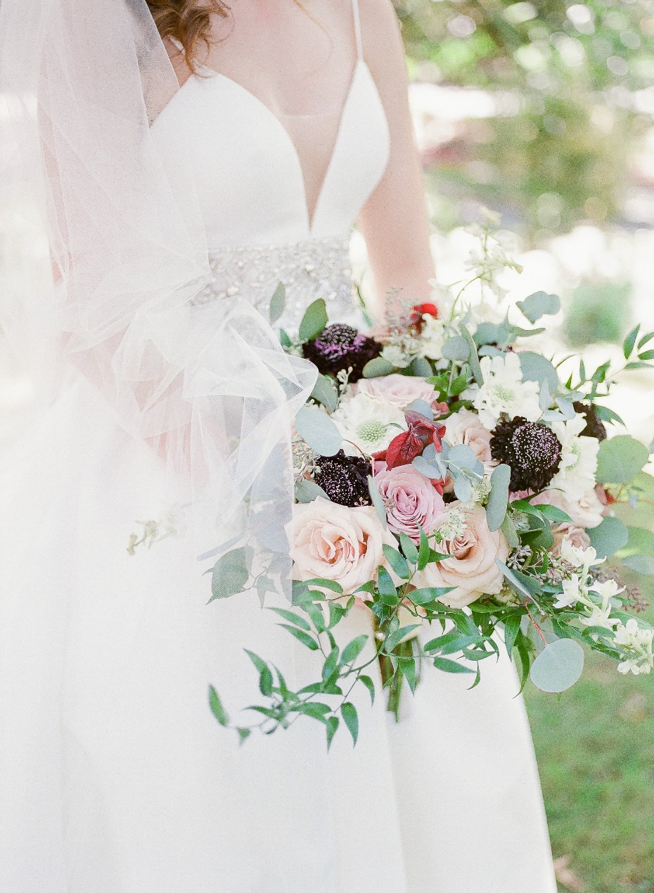 blush, green and purple wedding bouquet