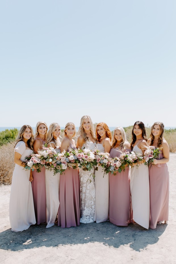 long pink mismatched bridesmaid dresses
