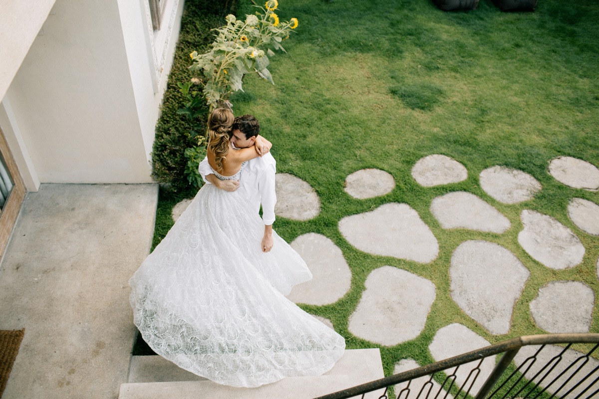 staircase wedding first look