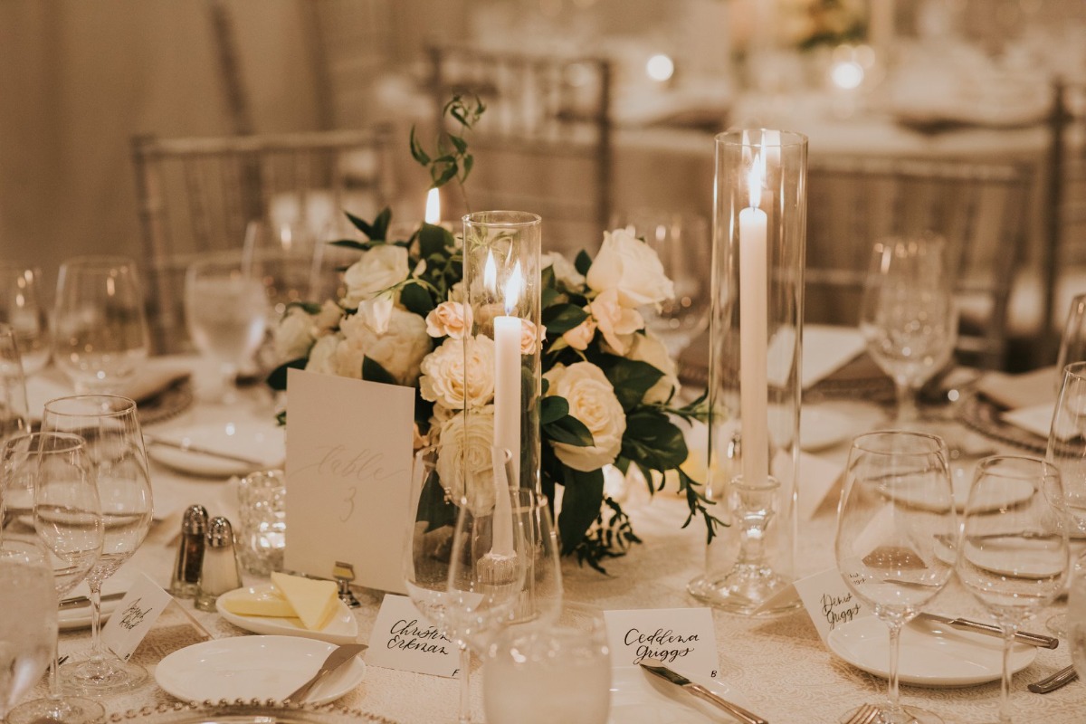 all white candlelit wedding reception