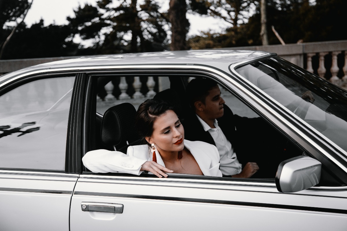 vintage car at engagement shoot