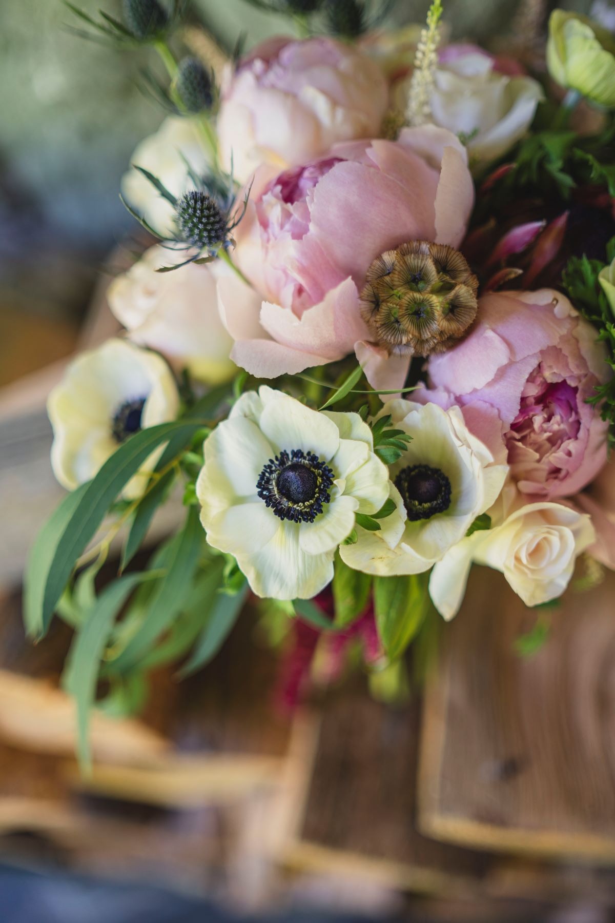 anemone and peony wedding bouquet